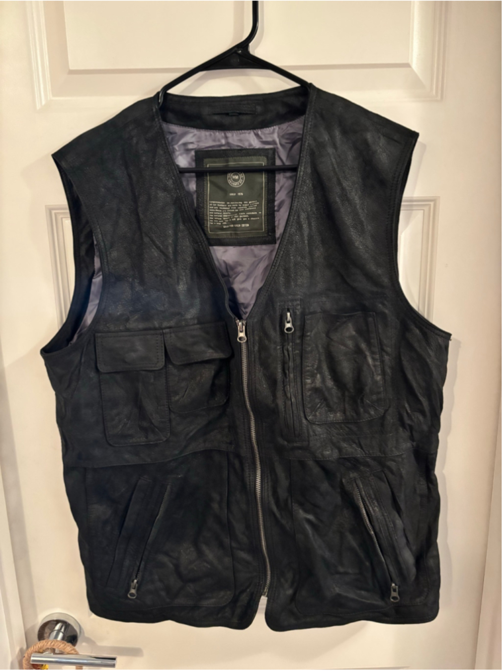 unisex Vintage HM-MODEN Germany Lambskin Leather Utility Cargo Vest Gilet Black